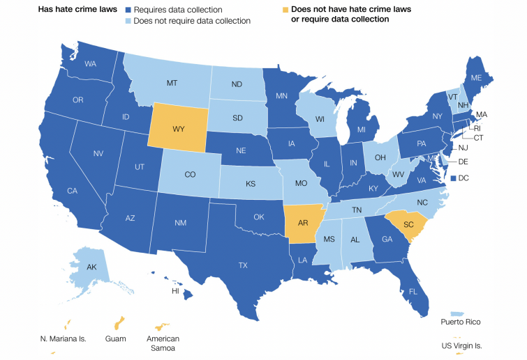 Hate crime laws in the US according to the states, chart