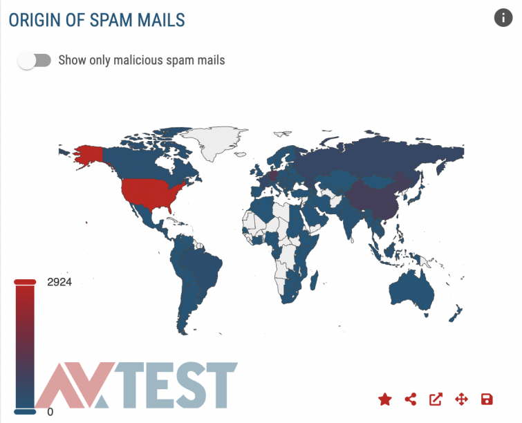 Origin of spam mail by countries worldwide, map representation
