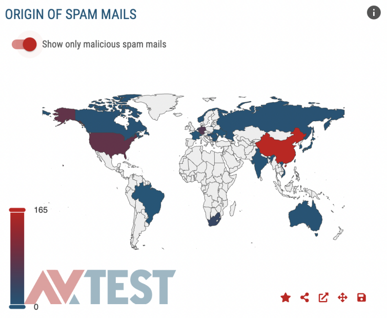 Origin of spam mail, shown by countries on a world map